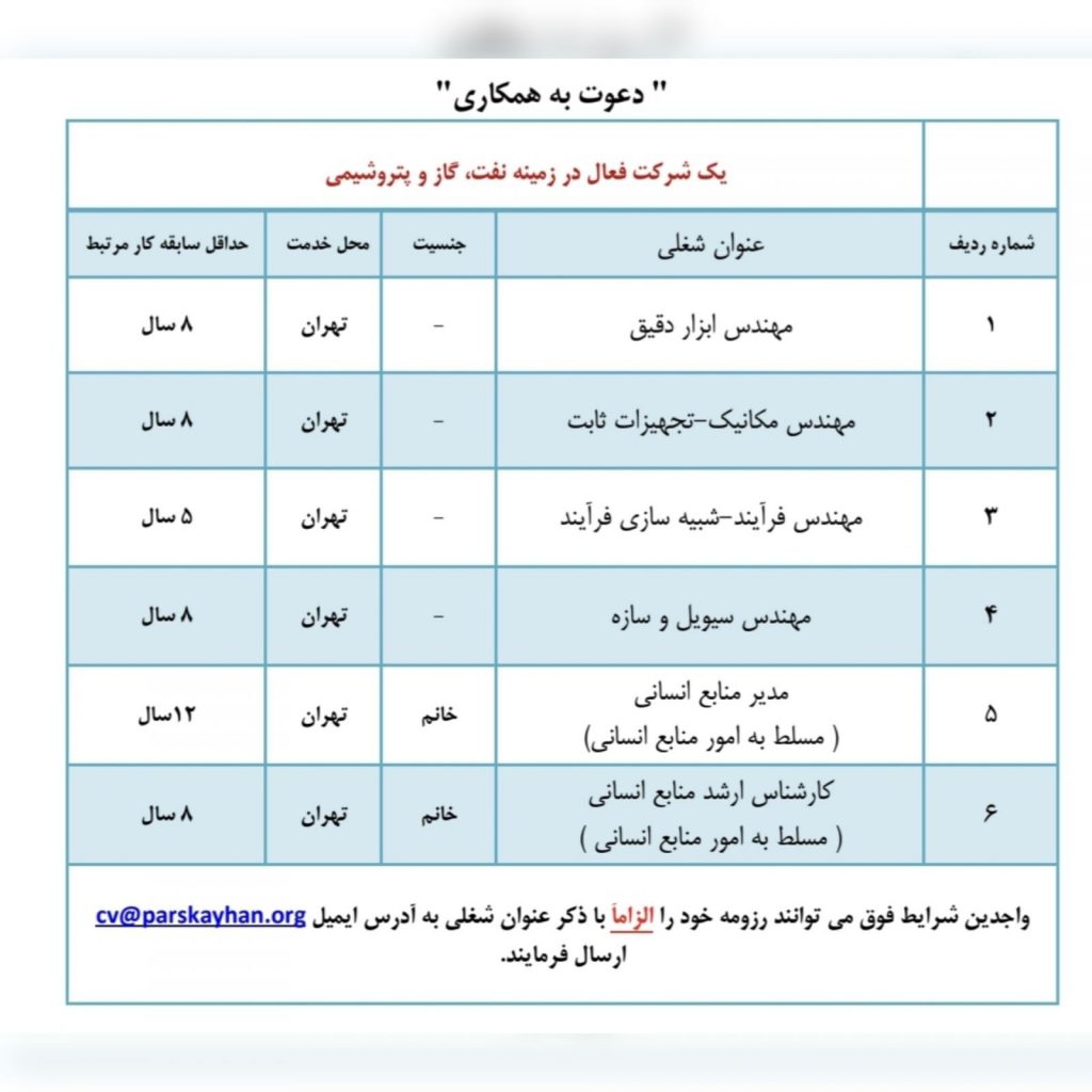 استخدام ۶ ردیف شغلی در یک شرکت فعال در زمینه نفت، گاز و پتروشیمی در تهران